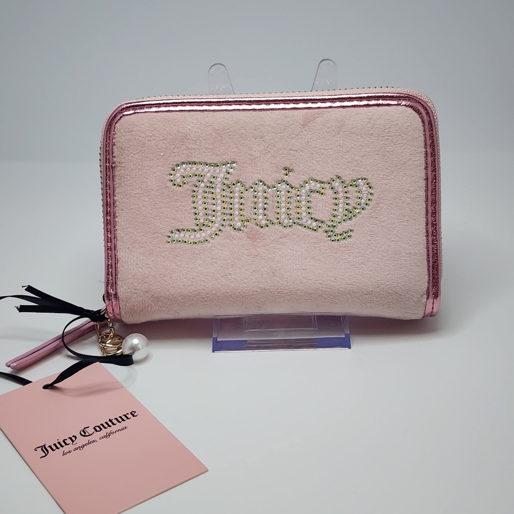 Juicy Couture Pink Velour Zip Wallet Rhinestone Logo Small Purse NWT Y2K Glam